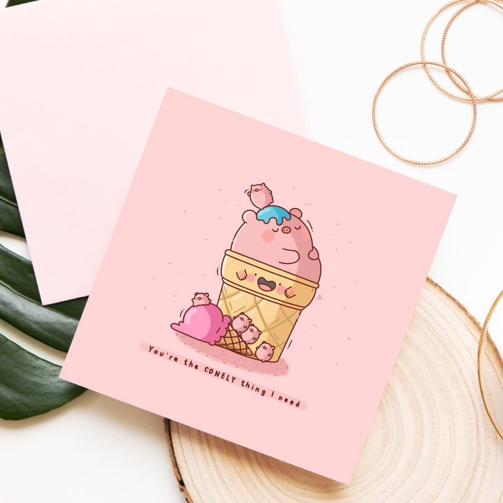 Pig in Ice Cream card on wooden block