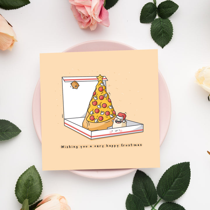 Christmas pizza card on pink plate