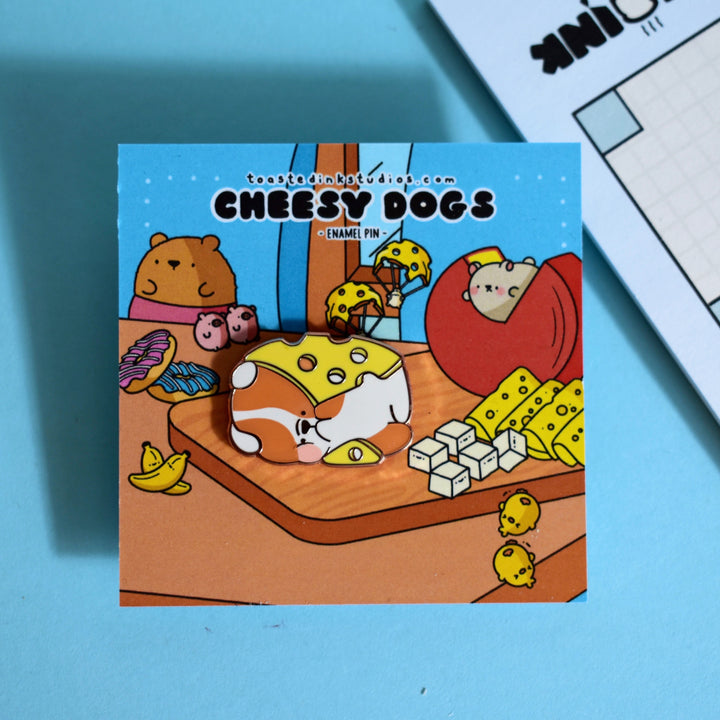 Cheese dog enamel pin on cheese backing card