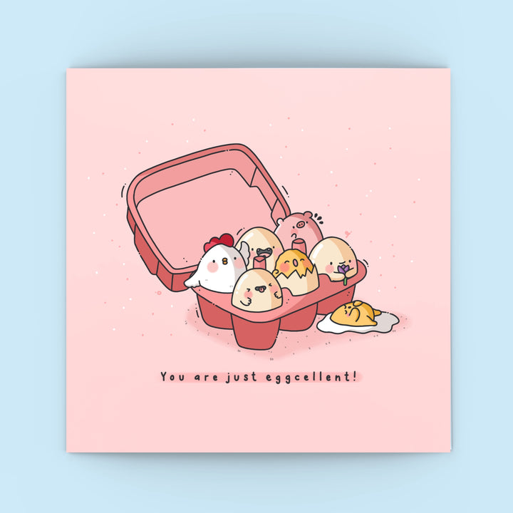 Cute Eggs Greetings card on blue background