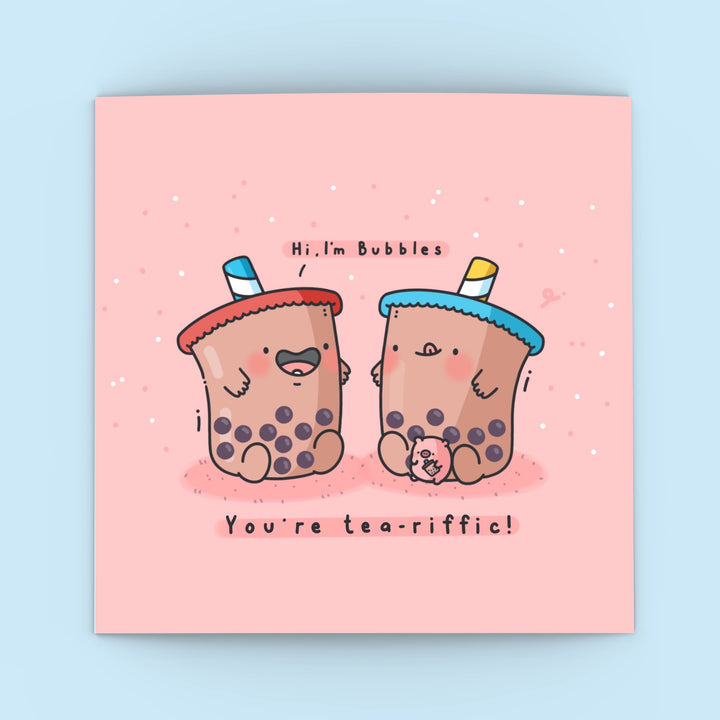Cute Bubble Tea Greetings card blue background