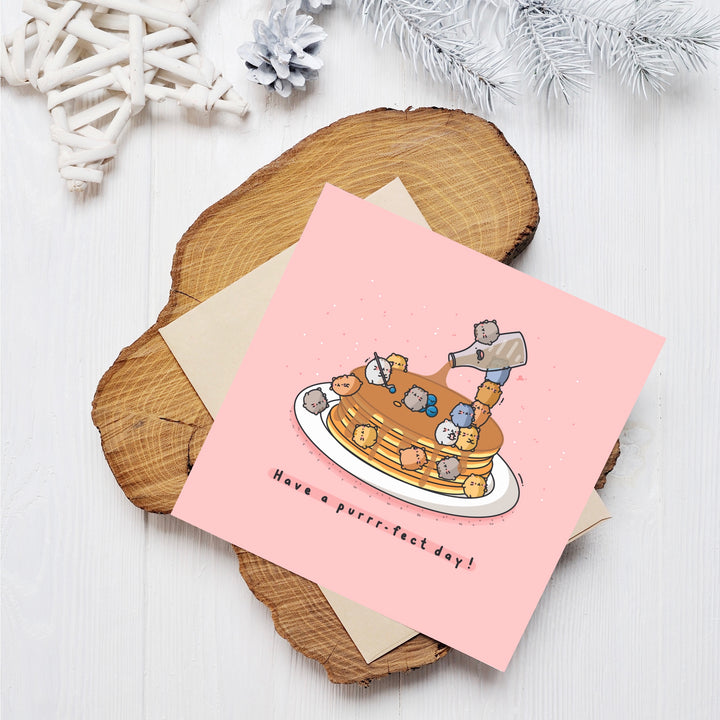 Pancakes card on wooden piece