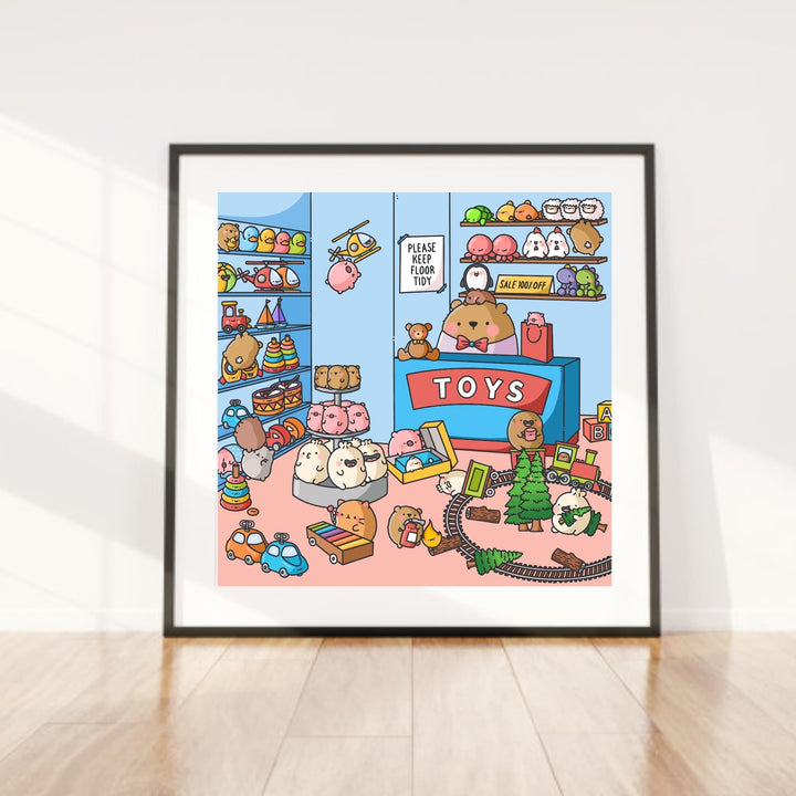Cute Toy Shop Art Print on wooden floor
