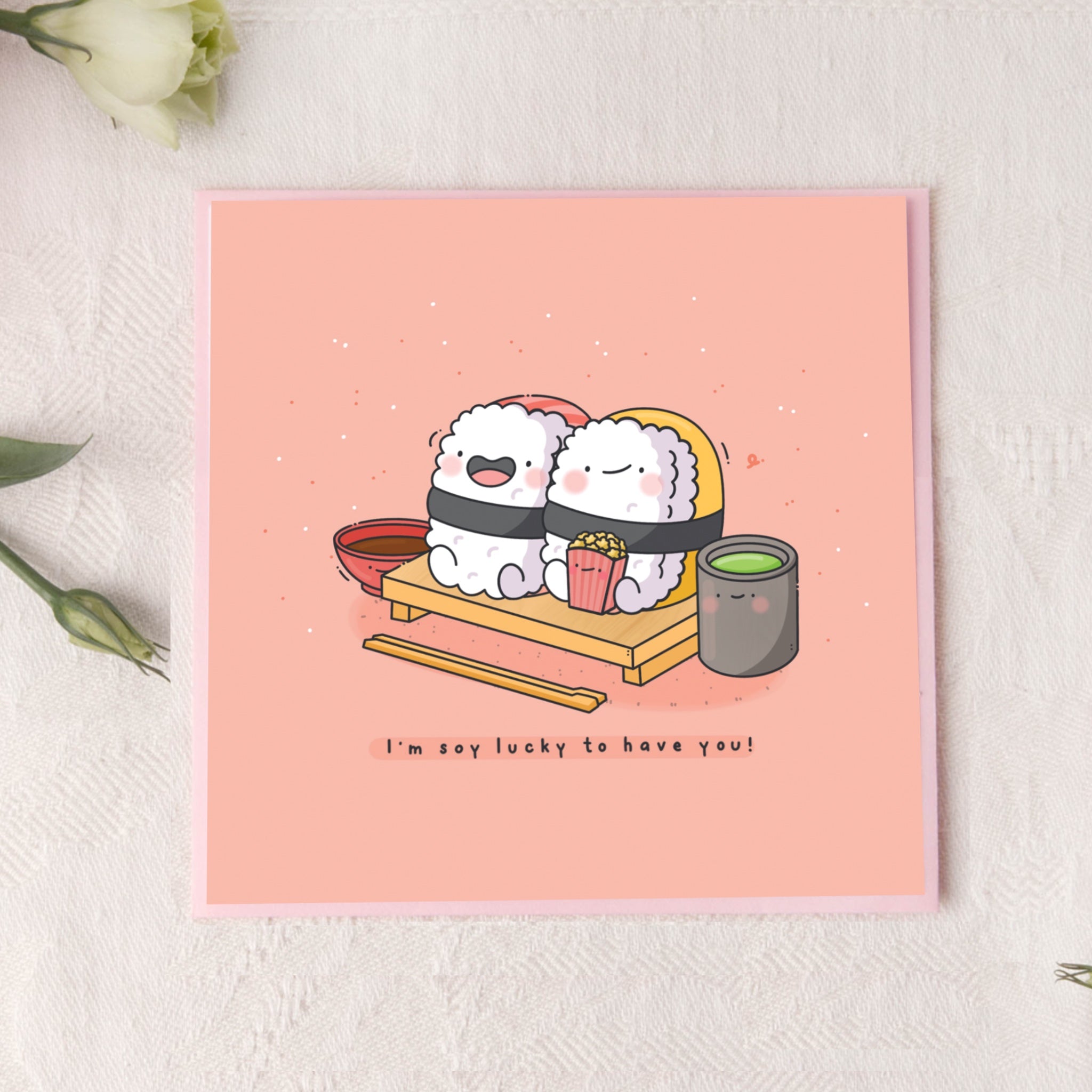 Sushi card on pink background