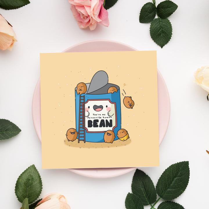 Beans card on pink plate