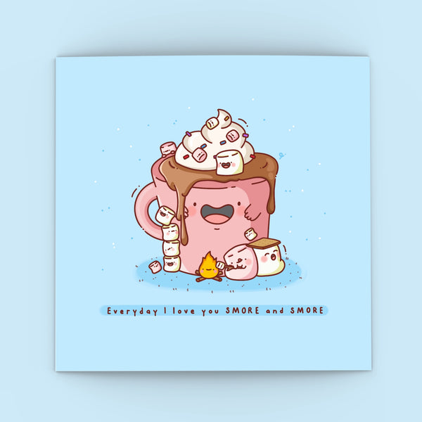 Cute Marshmallow Card on blue background