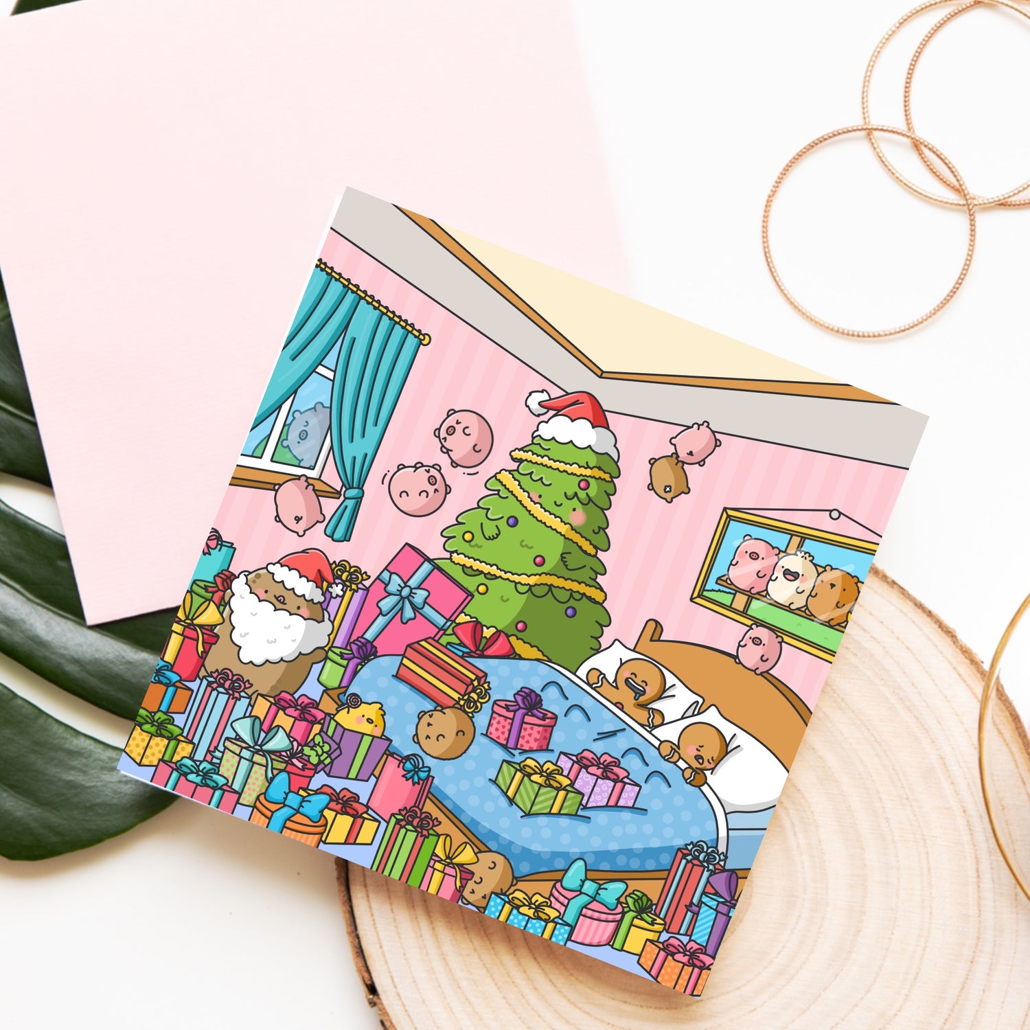 Cute Christmas presents card on wood