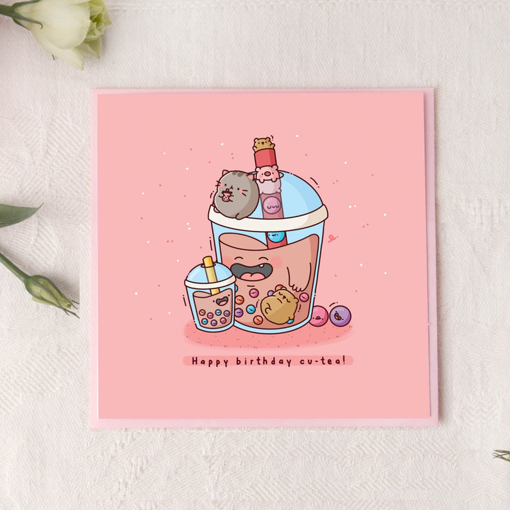 Bubble tea card on pink table