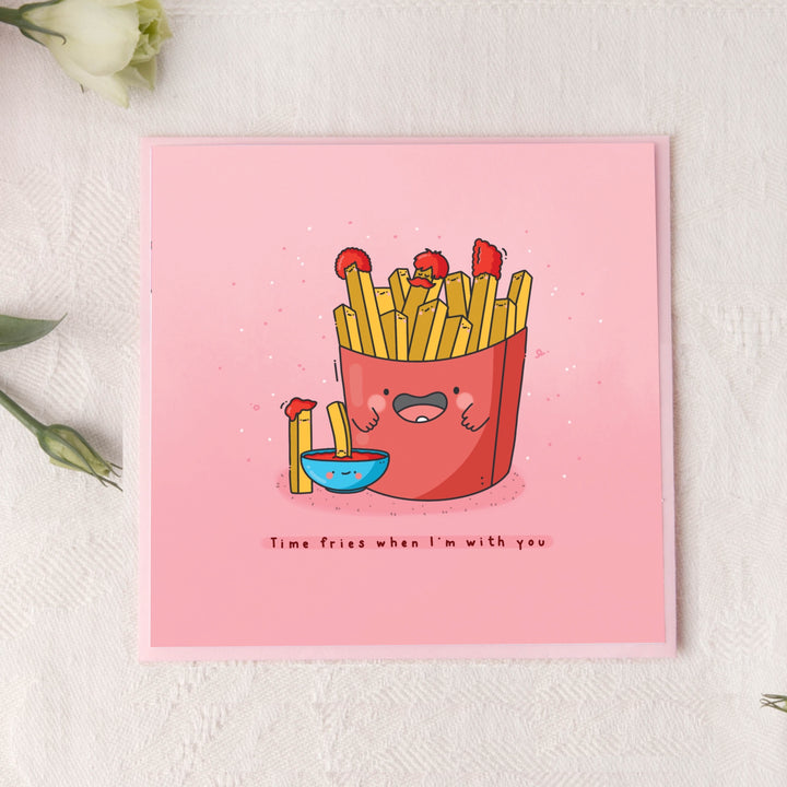 Fries card on pink table