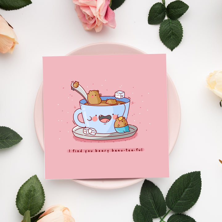 Tea bears card on pink plate