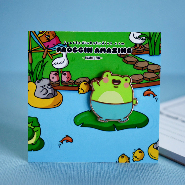frog pin on pond backing card