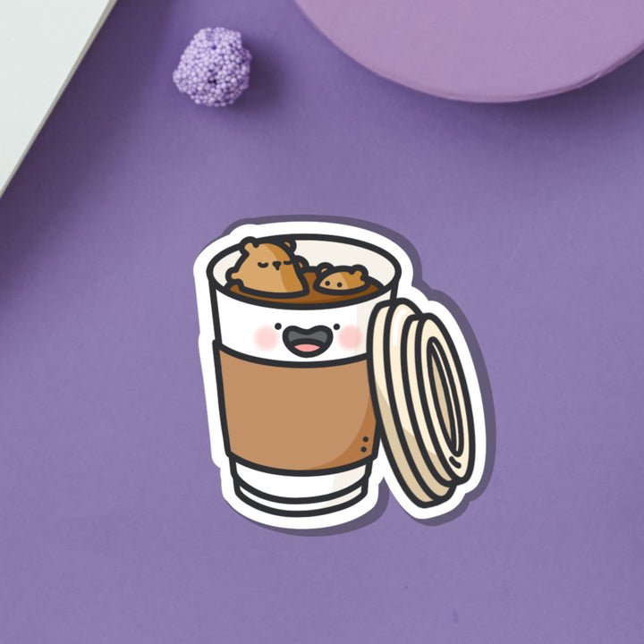 Bears bathing in coffee vinyl sticker on purple table
