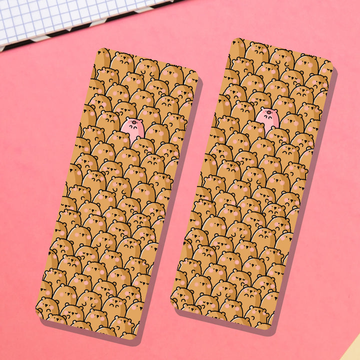 Bear bookmarks on pink table