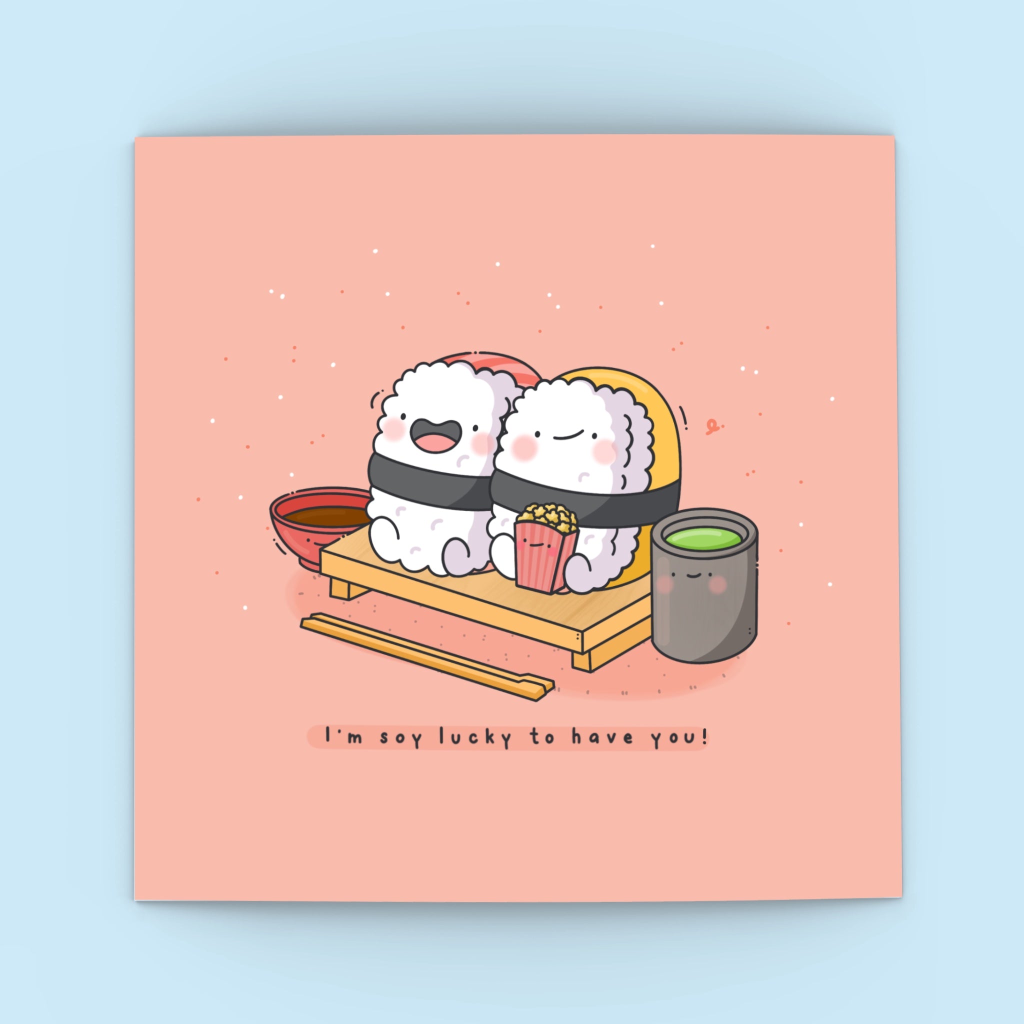 Cute Sushi Card on blue background