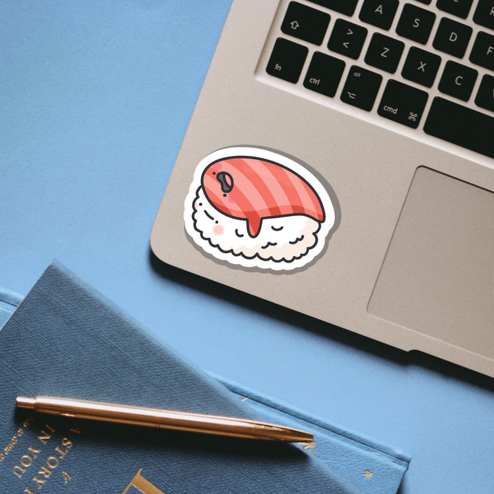 Salmon sushi vinyl sticker on laptop