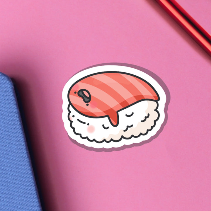 Salmon sushi vinyl sticker on pink background