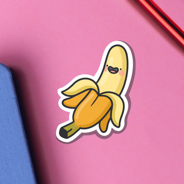 Happy banana vinyl sticker on pink background