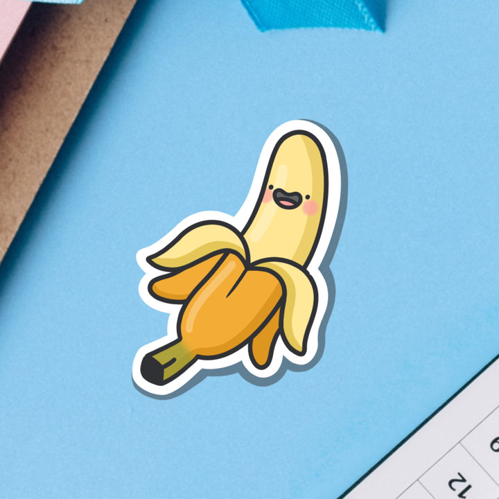 Happy banana vinyl sticker on blue background