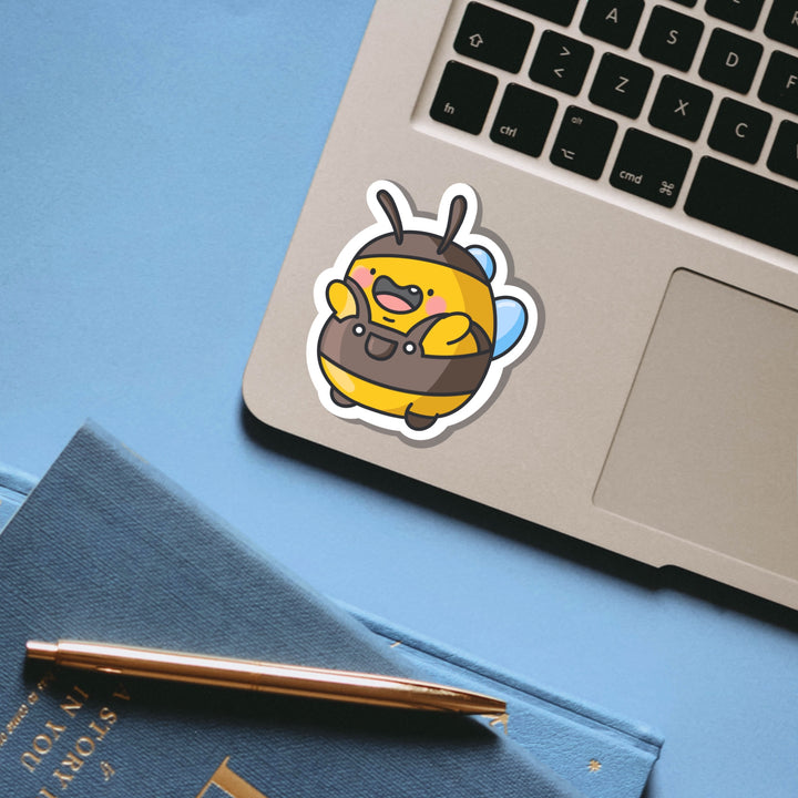 Bumblebee wearing dungarees vinyl sticker on laptop