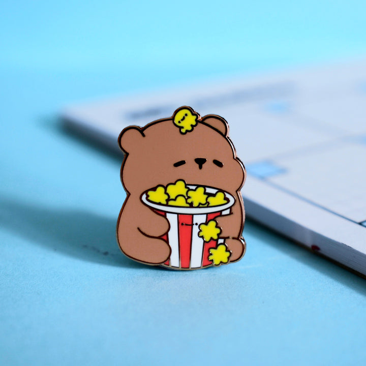 Popcorn bear enamel pin with notebook