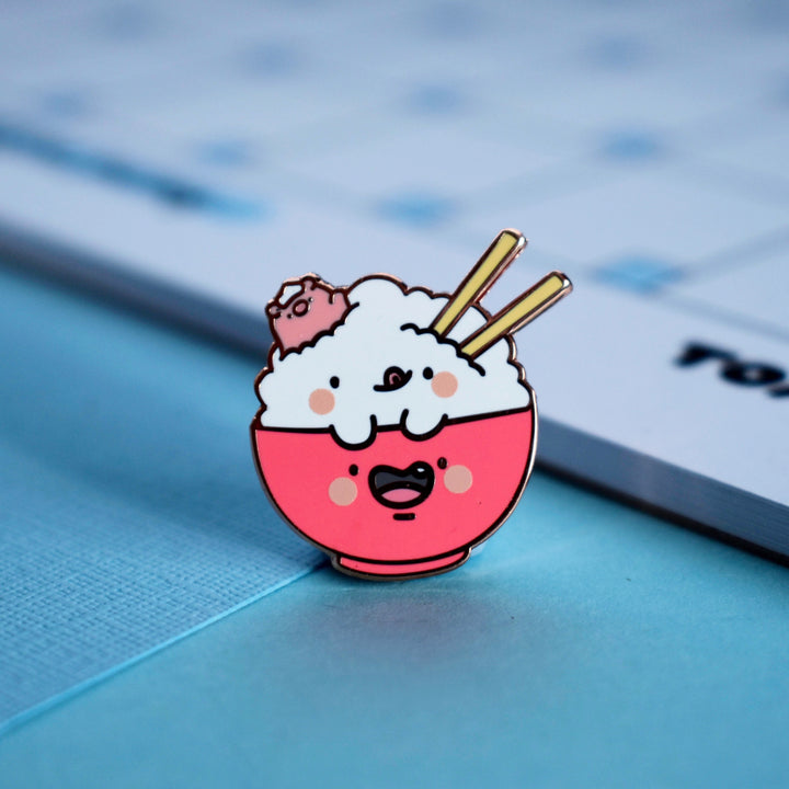 Rice enamel pin with chopsticks and notepad