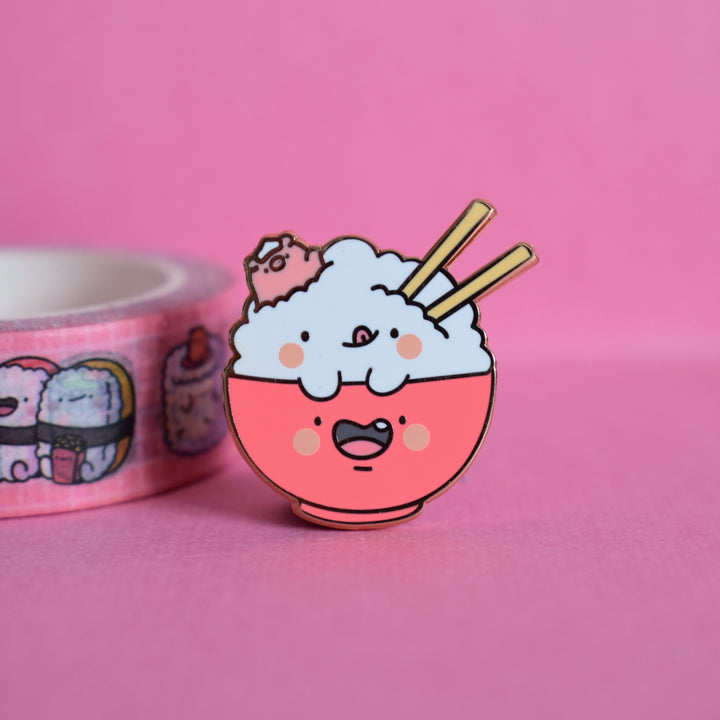 Rice bowl pin on pink table and washi tape