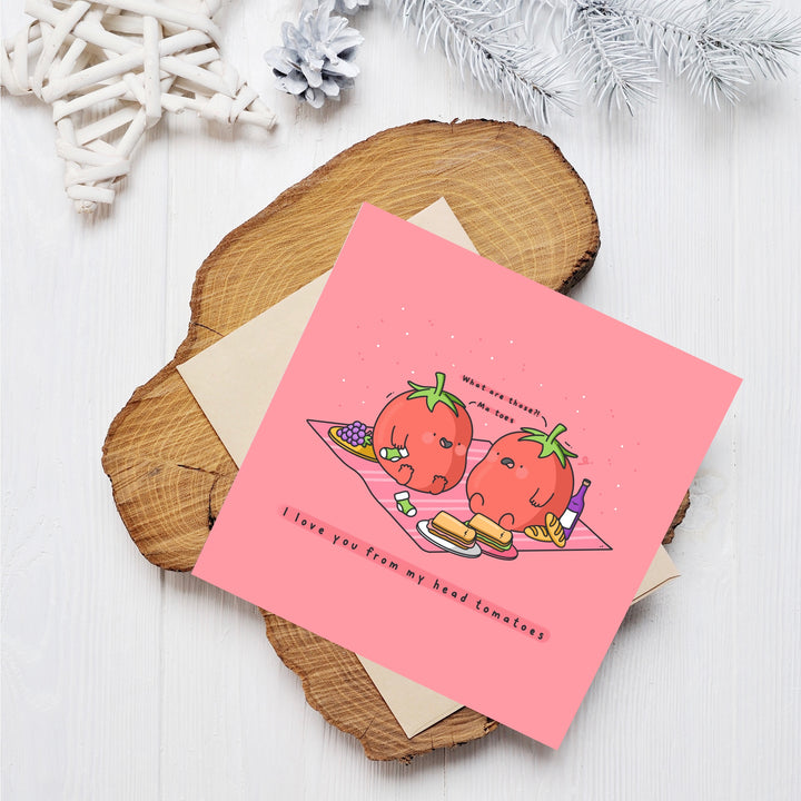 Tomatoes card on wooden block