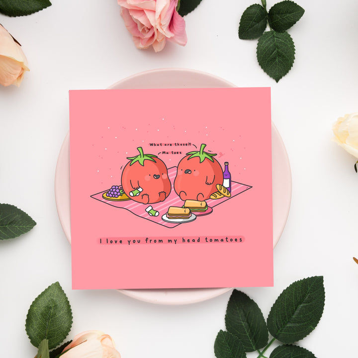 Tomatoes card on pink plate