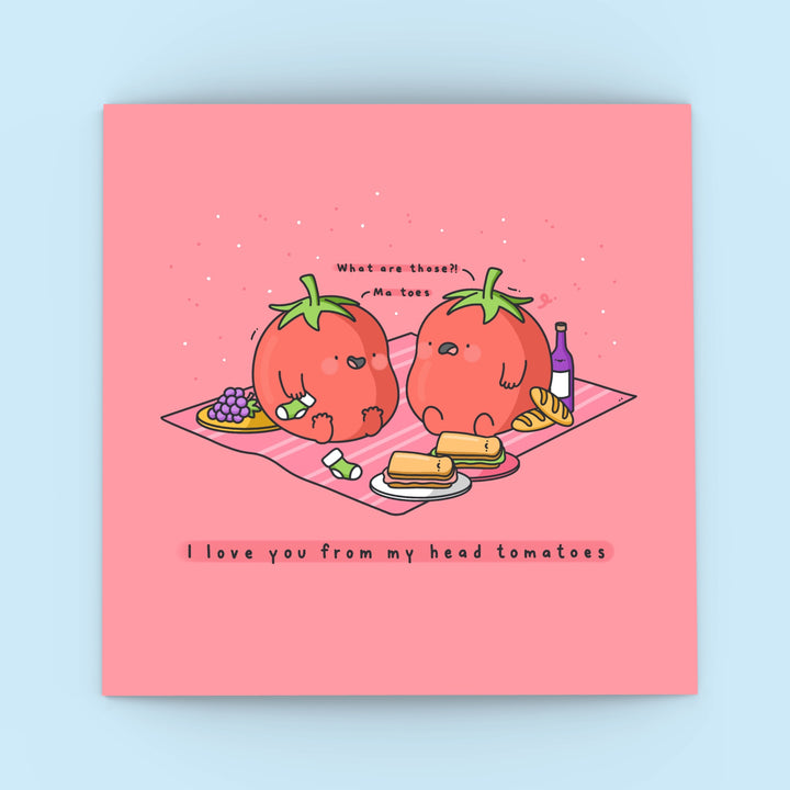 Tomatoes card on blue background