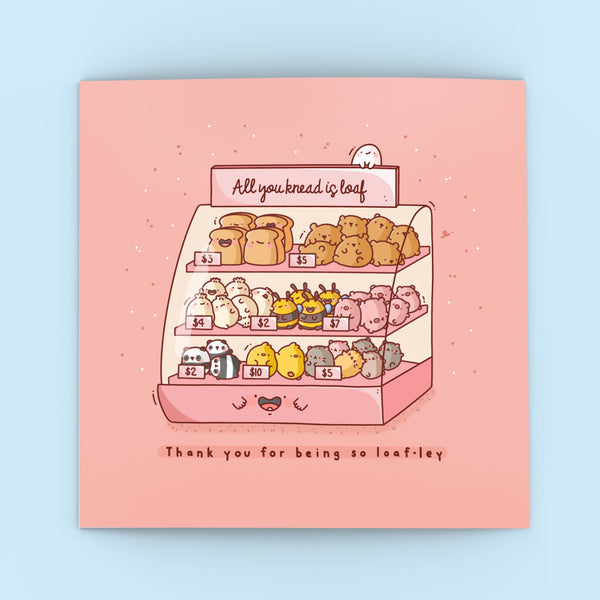 Cute Animal Bakery Card on blue background