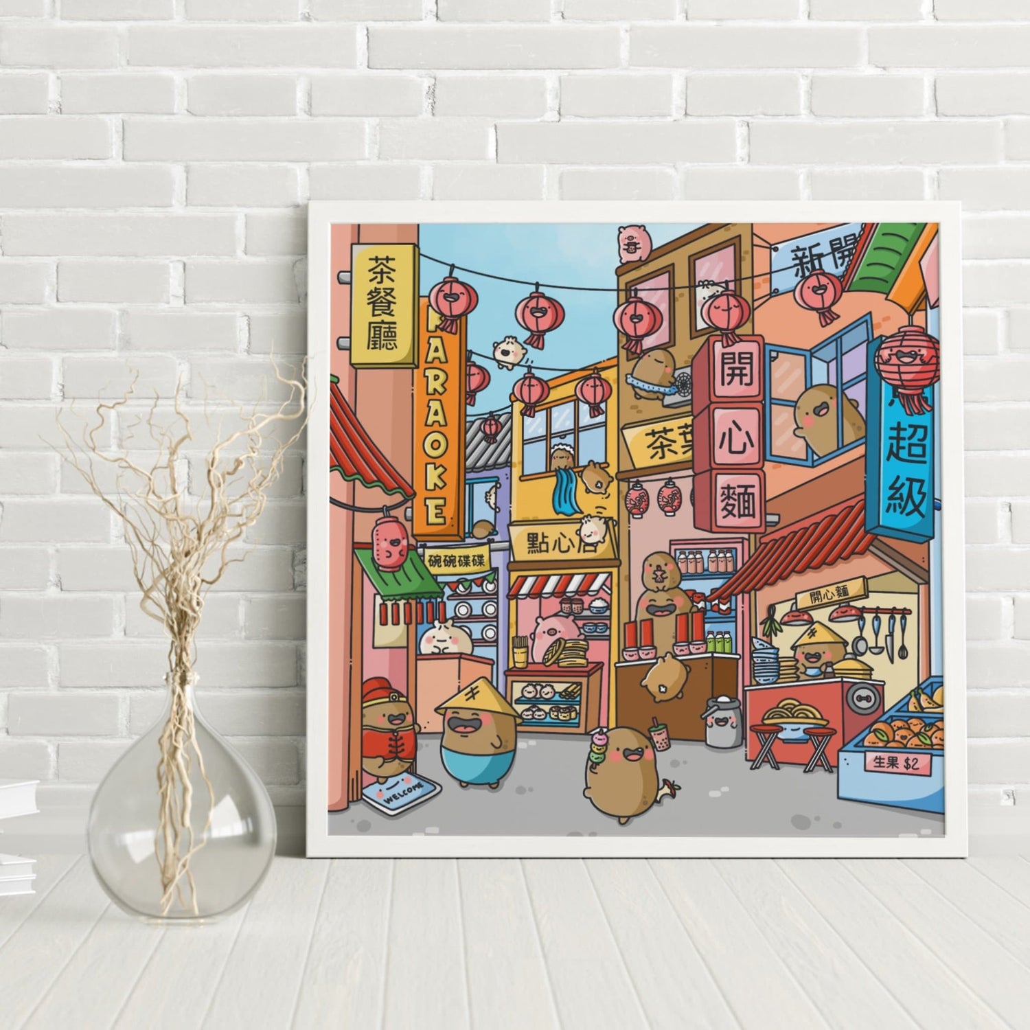 Chinatown art print on brick wall