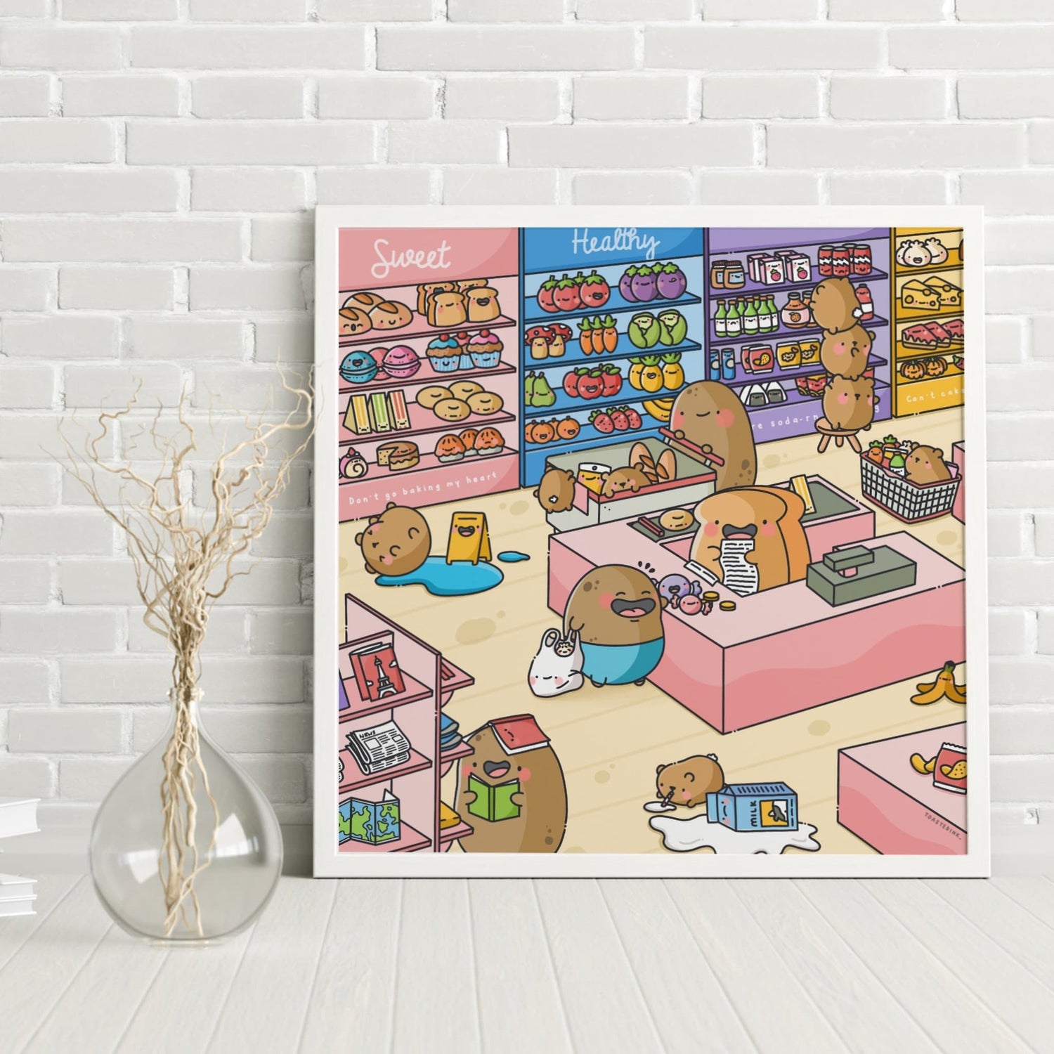 Supermarket art print on white wall background
