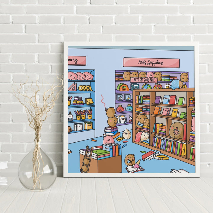 Bookshop art print on white background
