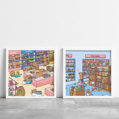 Bookshop art print and supermarket art print